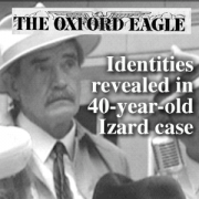 Old photo of a mustachioed man in a fedora with the headline 'Identities revealed in 40-year-old Izard case'